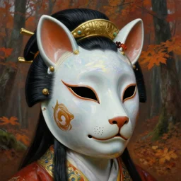 baroque neoclassicist close - up portrait character wearing an ornately decorated retrofuturistic iridescent porcelain geisha animal mask, in front of an autumn forest. highly detailed science fiction painting by norman rockwell, frank frazetta, and syd mead. rich colors, high contrast, gloomy atmosphere. trending on artstation and behance.