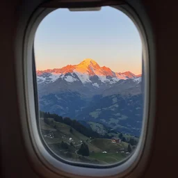 a realistic sunrise in the swiss alps seen through a plane window