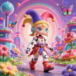 3 d render of a cyborg pixie monk jester roaming a futuristic japanese cyberpunk bladerunner cyber landscape with orbs and donuts against a psychedelic surreal background with 3 d butterflies and 3 d flowers n the style of 1 9 9 0's cg graphics 3 d rendered y 2 k aesthetic by ichiro tanida, 3 do magazine, wide shot