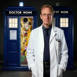 portrait of doctor house standing next to tardis from doctor who, au naturel, hyper detailed, digital art, trending in artstation, cinematic lighting, studio quality, smooth render, unreal engine 5 rendered, octane rendered, art style by klimt and nixeu and ian sprigger and wlop and krenz cushart.