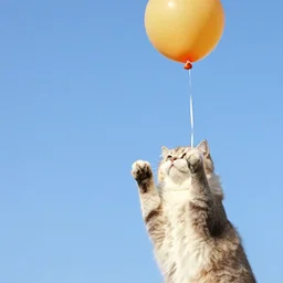 a domestic house cat clinging onto the bottom of a string tied to a balloon in the blue sky