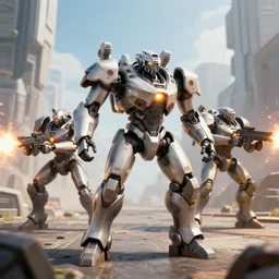 futuristic mech soldiers firing away from the camera, eye catching composition, realistic, unreal engine 5, global illumination, detailed environment, bright colours, cinematic, atmosphere, 4 k