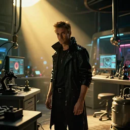 cinematic cyberpunk mage in his lab by Michael Bay