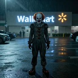 a scary clown is standing in the shadows in the middle of a parking lot outside of walmart during night time, rain, foggy, super realistic, high details