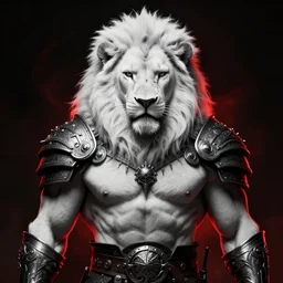 anthropomorphic male muscular albino white lion, wearing beautiful vikings armor, darkness aura red light, fantasy, dark, black and white high contrast portrait art by donato giancola and greg rutkowski, realistic face, digital art, trending on artstation, symmetry