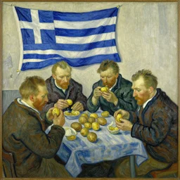 oil on canvas, by vincent van gogh in the style of the potato eaters, of a group of people eating potatoes with a greek flag hanging on the wall in the backgroung
