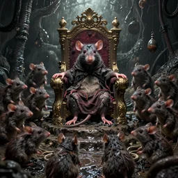 murky sewer scene with an evil rat sitting on a throne, surrounded by his court of rats. trending on artstation, fantasy illustration, rat people, extremely detailed, grim