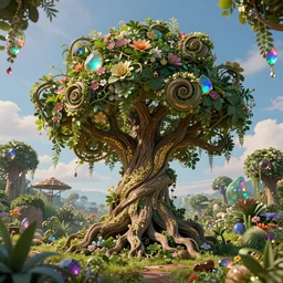 a cinematic 3 d render of a fantasy garden. an intricate tree that looks like driftwood with spiraling vines and flowers wrapped around it. gold filigree inlayed into the tree's trunk. in the background is a sky of multicolored opals and rubies. trending on artstation. pbr, path tracing, subsurface scattering, ray tracing, octane render, unreal render, insane detail, wow, amazing, global illumination.