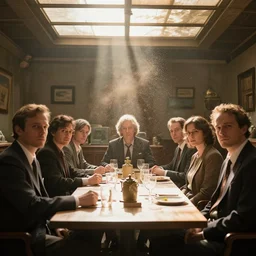 a table with 1 0 people all sitting, buisness, vintage decor, illumanati, serious, craig mullins, warm sunlight threw the roof, dust particles illuminated in the sun beam,