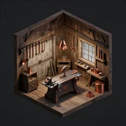 dark isometric indoor vintage garage with copper tools in a cubic room with victorian table saws