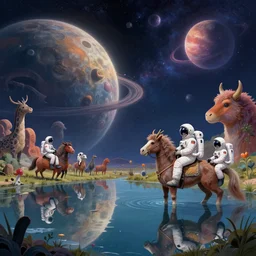 Astronauts are riding some mythical animals, they are resting to the side of a reflecting lake, the surface of a planet has a wacky wildlife, some planets and nebulas are as background, by Jordan Grimmer digital art, trending on Artstation,