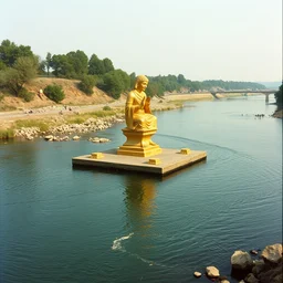 1 9 6 0 s vintage scanned color photo of a ancient golden sculpture in the middle of a river, image by werner herzog, tarkovsky