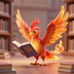 A small fiery phoenix reads a book in a library, Digital Art, Artstation, 3D, Raytracing, UHD, Ultra High Definition, 4K, Render, Cycles, competition winning