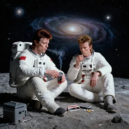 david bowie and astronaut major tom sit on the dark side of the moon, listen to pink floyd on an old cassette recorder and smoke a joint, enjoying the contemplation of deep space with millions of galaxies, photorealistic, ultra detailed photo, 8 k