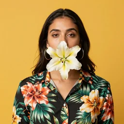 a frontal studio headshot photograph of a beautiful latin woman in her mid 2 0's wearing a button down shirt with tropical floral print shirt, large hoop earrings. yellow backdrop. she has a large lily asiatic covering her mouth.