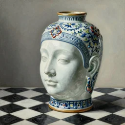 colored painting, pieter de hooch, trending on artstation, highly detailed, black and white checkerboard floor, gigantic porcelain head statue, intricate, elegant