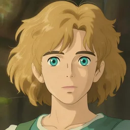 teenager with medium - length, curly, golden hair, aquamarine eyes, natural lighting, path traced, highly detailed, high quality, cartoon, digital painting, by new haicheng and ross tran and studio ghibli and alphonse mucha