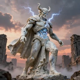 statue of a diabolical marble stone cyborg, wearing torn white cape, dynamic pose, thunder, glowing eyes, post apocalyptic ancient ruins, glowing veins subsurface scattering, in clouds, sunset, portrait, by gerald brom, by mikhail vrubel, by peter elson, muted colors, extreme detail, trending on artstation, 8 k