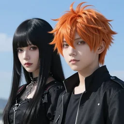 orange - haired anime boy, 1 7 - year - old anime boy with wild spiky hair + 1 7 - year - old pale - skinned persian girl with black hair long bob cut, long bangs, black gothic jacket, ultra - realistic, sharp details, subsurface scattering, blue sunshine, intricate details, hd anime, 2 0 1 9 anime