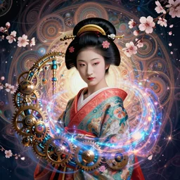 a portrait of a geisha, surrounded by fractals, mandalas, cherry blossoms, hadron collider technology, metal gears, swirling bioluminescent energy, art by peter mohrbacher and dan mumford