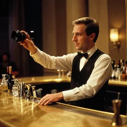 photoreal medium cinematography of joe turkel playing lloyd the bar tender from stanley kubrick's film the shining, bartending inside the elstree studios soundstage set for the overlook hotel goldroom bar shot on 3 5 mm eastman 5 2 4 7 film by the shining cinematographer john alcott shot on a cooke panchro 6 5 mm macro lens