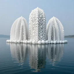 there are many white spherical cells combined to form a building on the calm water, designed by antti lovag