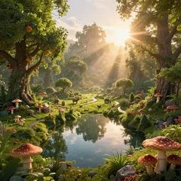 the world seen from above. 16k utopian future serene beautiful landscape photography of the garden of eden. lake reflections in the foreground, fruit tree's and animals everywhere. sun rays shining through the trees. lens flare. sunset, dramatic lighting by Marc Adamus on mushrooms.