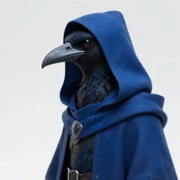 indigo dyed akira armored kenku, artistically anthropomorphic black bird head. cloaked hood down, science fiction, portrait by donato giancola and greg rutkowski and wayne barlow. top all time r / imaginarycyberpunk.