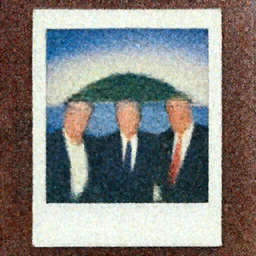 polaroid of jeffrey epstein, bill clinton, and donald trump on an island
