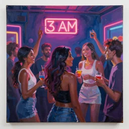 3 am neon houseparty by justin bua, oil on canvas.
