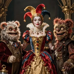 detailed ultrarealistic photography medium shot of fantasy jester queen and horror furry muppet puppet leyendecker, norman rockwell, ian miller, artstation cinematic, vray game of thrones, lord of the rings, star wars