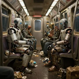 detail image of homeless robots by dinner in dirty subway car, garbage on ground, dramatic lighting, highres textures, ambient occlusion, volumetric lighting, octane render, unreal engine 5, weta digital, ilm, digital domain, raytracing