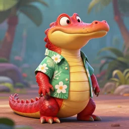 in the style of artgerm and disney, 3 d render, anthropomorphic alligator, red scales on his back, yellow scale on his belly and chest, male, waring a hawaiian shirt, in the style of zootopia, hd, 4 k, high definition background