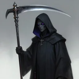 a portrait of a hooded neon grimm reaper holding a single scythe, fantasy, elegant, digital painting, artstation, concept art, matte, sharp focus, illustration, art by josan gonzalez