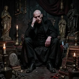 night portrait of a neurotic forty two year old british man ( ( vampire ) ) feeling confidant thin in a cluttered room full of ancient artifacts dark dusty ( bald ) statues runes books magical arcane instruments candlesticks ritual stone knife drapery bloody atmospheric f / 1. 4 hdr
