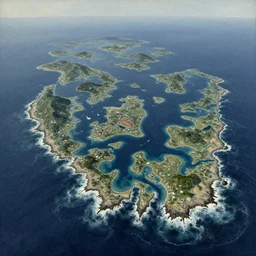drone photography of the mercantile polities of weeping strand archipelago. this is a land on an unforgiving world of churning oceans and jagged coastlines. every habitable island is situated somewhere along the planet's equator where the weather is still volatile but more hospitable than any points to the north or south, overpainting by charles sheeler