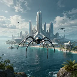 futuristic sci - fi city with sky spider in the sea