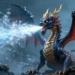 a dragon shooting ice out of its breathe, cinematic shot, 8 k, digital art, hd, exquisite detail