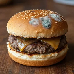 closeup a very strange old hambuger dirty with mold atop a table
