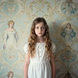 a beautiful young girl in front a Baroque wallpaper, daguerreotype by edward hopper, by henri rousseau, by Bosch, by Pontormo, art noveau, highly detailed, strong lights, liminal, eerie, Bright pastel colors, octane render, 8k,