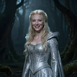 portrait of mischievous, dangerous young, smiling Galadriel (young Cate Blanchett) as a queen of fairies, dressed in a beautiful silver dress. The background is a dark, creepy eastern europen forrest.  night, horroristic shadows, high contrasts, lumnious, foggy effect,  photorealistic, dreamlike, mist filters, theatrical, character concept art by Henry Meynell Rheam