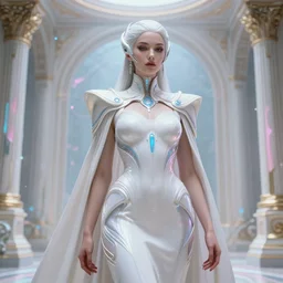 detailed portrait of a beautyful cyber noun, seducing curves, scifi, futuristic, elegant cape, year 2 1 0 0, elegant, alien room background, white, blue, pink, gold, trending on artstation, so - s 1 4 8 ft light, holy machine, advanced technology, art by vitaly bulgarov and nivanh chanthara