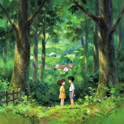 a cartoony gouache painting of forest cinematic panorama ground with fence and village in far distance by makoto shinkai mocha pixar and makoto shinkai and wes anderson