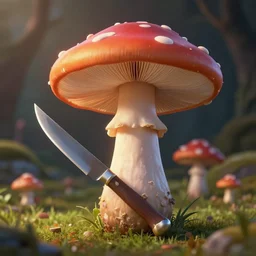 fantastic anthropomorphic mushroom with a knife in style zac retz, octane render, 4 k resolution, soft light, volumetric lighting