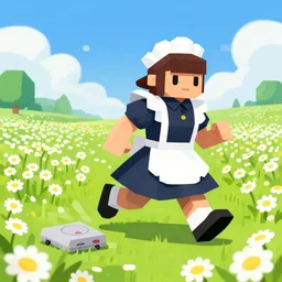 ( lo w poly ) playstation 1 9 9 9 running ( ( anthropomorphic ) ) ( ( lurantis ) ) maid wearing a hat standing in a ( field of daisies ), mount coronet in the distance digital illustration by ruan jia on artstation