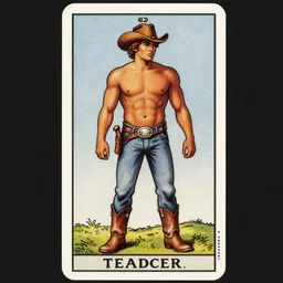 a beautiful tarot card of a handsome shirtless cowboy wearing cowboy hat and boots with a chunky build and beer belly next to a campfire, homoerotic, art deco, art nouveau,  by Walter Crane, by Mark Maggiori, trending on artstation