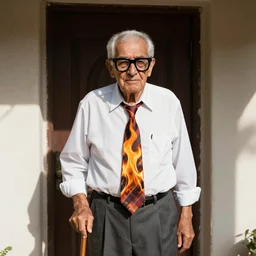 an elderly man wearing a shirt on fire in a tie with a cane and thick glasses in the bright sun at the front door. his shirt is on fire. long shot 3 / 4 view