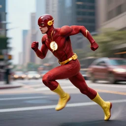 pov of the flash running through a city running, motion blur, trending on artstation