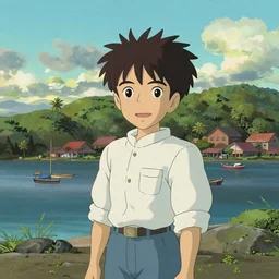 a bright, cute ghibli painting of Lahaina Maui harbor, beautiful lighting, in the style of studio ghibli, artwork by Hayao Miyazaki and Isao Takahata, highly detailed, 8K, smooth, cinematic, vibrant colors, trending on artstation, japanese animation, stunning artistry and soaring imagination