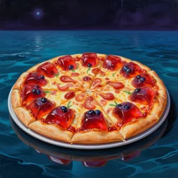 a photorealistic highly detailed painting of a y 2 k 1 9 8 0's jell - o pizza on a mirrored ocean by johfra bosschart, lisa frank, kinkade, visionary art, dark fantasy art, high detail, trending on artstation